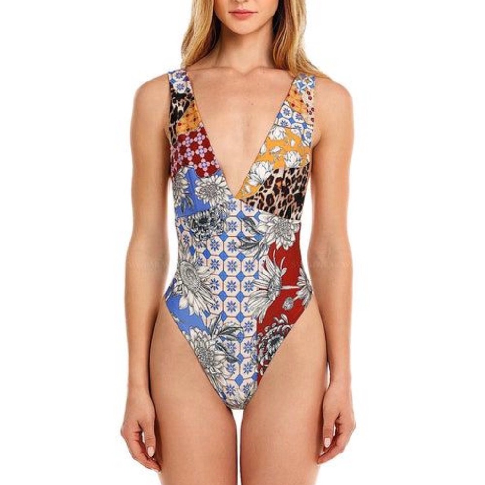 Agua Bendita Tulipa Quilt One Piece Swimsuit Patchwork Floral Leopard L